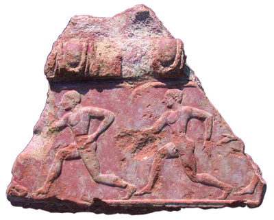 Terracotta bathtub fragment with the rather delightful detail showing runners