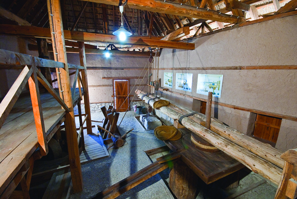 The reconstructed olive press showing the workings of the 6th century BC press