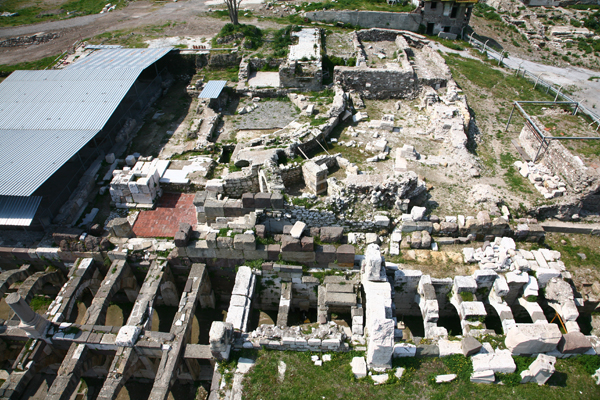 Aerial view looking across the site to the Bouleuterion and the west stoa